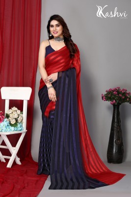 kashvi sarees Striped Bollywood Satin Saree(Red, Blue)