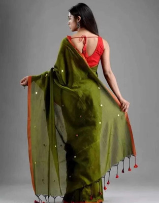 GOLU Solid/Plain Handloom Pure Cotton Saree(Dark Green, Red)