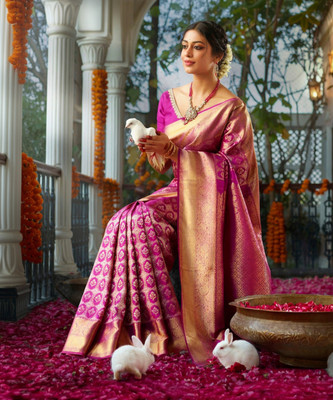 VERAFASHION Printed Handloom Cotton Silk Saree(Magenta, Gold)