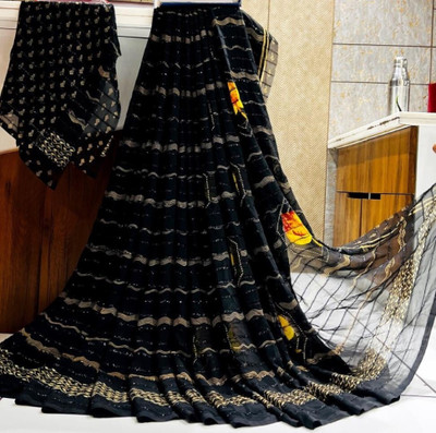 Bombey Velvat Fab Floral Print Assam Silk Chiffon, Georgette Saree(Black)