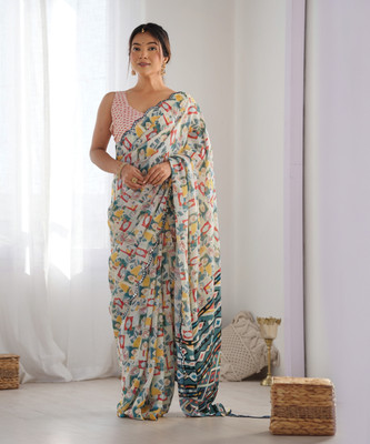 Dwiza Enterprise Floral Print Bollywood Crepe Saree(White, Multicolor)