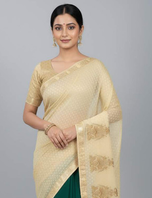 Anugrah Textile Printed Banarasi Lycra Blend, Chiffon Saree(Cream, Green)