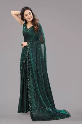 NG CREATION Floral Print Bollywood Lycra Blend Saree(Dark Green)