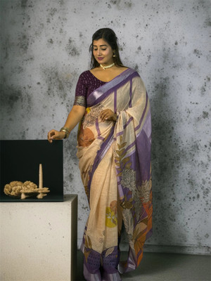 U CREATION Floral Print Bollywood Cotton Linen Saree(Beige)
