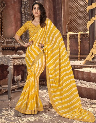 Samah Printed, Embellished Bollywood Georgette, Chiffon Saree(Yellow, White)