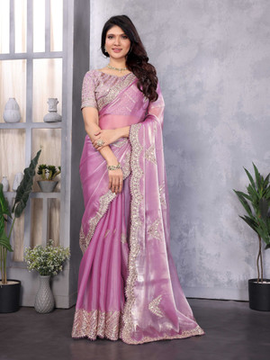 RHEY Embellished, Embroidered Bollywood Jimmy choo, Chiffon Saree(Pink)