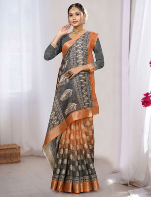 Gajal Printed, Woven Kanjivaram Pure Cotton, Cotton Linen Saree(Mustard, Black)