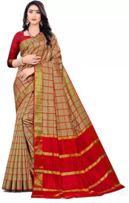ngea Self Design Handloom Cotton Blend Saree(Red)