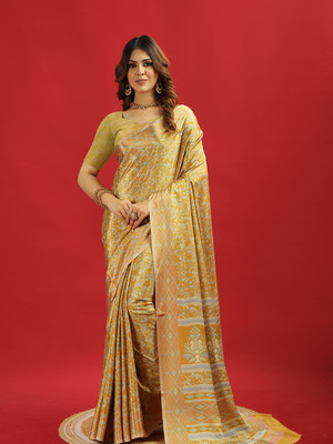 A V M PRINTS Printed Bollywood Crepe Saree(Yellow)