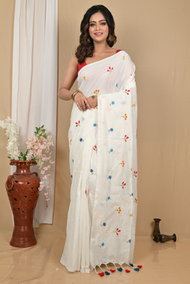 Aanchal Self Design Handloom Pure Cotton Saree(White)