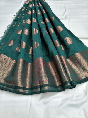 mynok Paisley, Woven Bollywood Handloom Cotton Blend Saree(Dark Green)