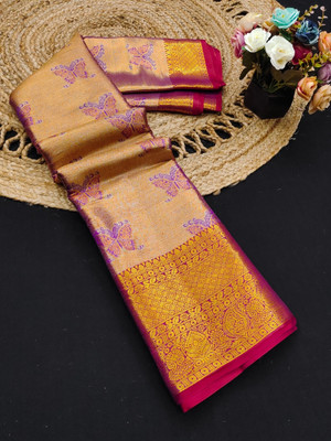 VILLAGIUS Embellished, Woven Kanjivaram Jacquard, Pure Silk Saree(Purple)
