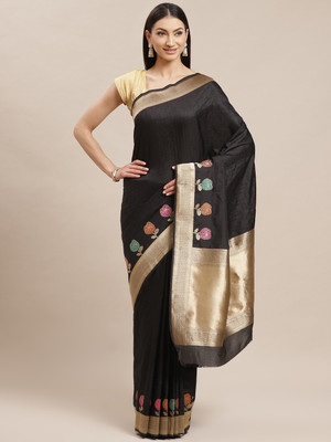 Saanjh Floral Print Saree with Attached Blouse Silk Blend Saree(Black)