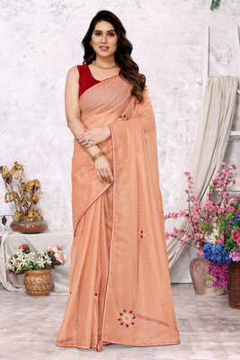 FABMORA Embroidered, Embellished Bollywood Net Saree(Orange)