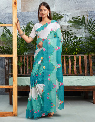 all about you Floral Print, Embroidered Kota Doria Silk Blend Saree(Blue, Yellow)