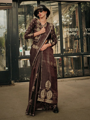 Divastri Woven Banarasi Satin, Silk Blend Saree(Brown)