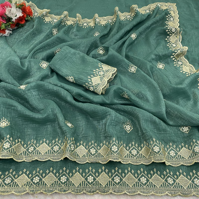 BELLETRENDZ Embroidered Bollywood Crepe Saree(Light Green)