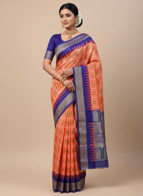 Sijileen Temple Border, Woven Sambalpuri Silk Blend Saree(Orange, Blue)