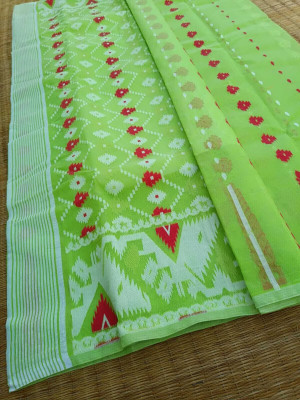 Dristikone Woven Jamdani Pure Cotton Saree(Green)
