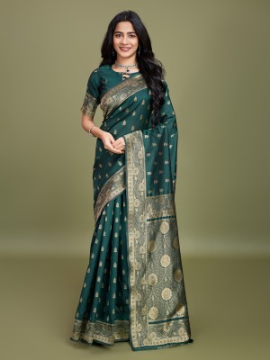 RICH & ROMAN Embellished, Woven Banarasi Jacquard, Pure Silk Saree(Dark Green)