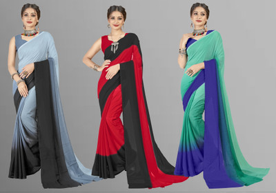 Anand Sarees Ombre, Striped Bollywood Georgette Saree(Pack of 3, Multicolor)