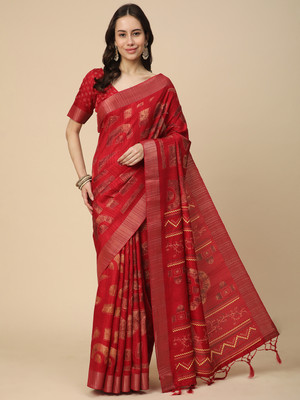 RATAN Printed Saree with Attached Blouse Art Silk Saree(Red)