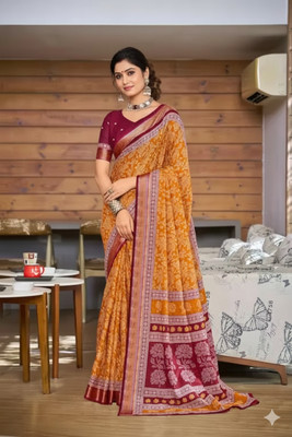 todaykurti Floral Print, Woven, Temple Border Banarasi Cotton Blend Saree(Orange)