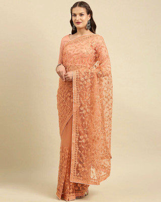 Noise Embroidered Bollywood Net Saree(Orange)