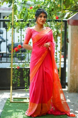 HINDVA FASHION HUB Solid/Plain Kanjivaram Chiffon Saree(Pink)