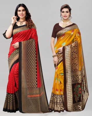 SIRIL Printed, Geometric Print, Floral Print Kanjivaram Cotton Silk Saree(Pack of 2, Red, Mustard)