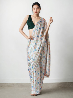 LeeliPeeri Designer Floral Print Bollywood Silk Blend Saree(White)