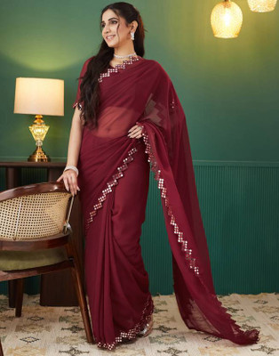 SARETRA MALL Solid/Plain Bollywood Georgette Saree(Maroon)