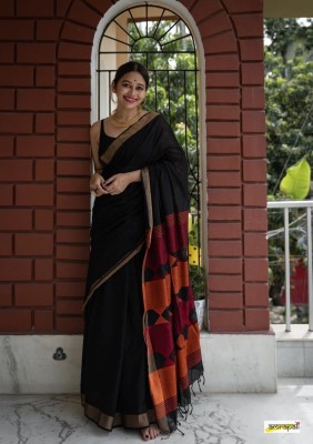 SEASON FAB Self Design, Applique, Blocked Printed, Checkered Banarasi Jacquard, Art Silk Saree(Black, Orange)