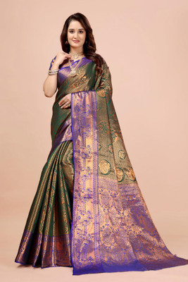 jayant creation Woven Banarasi Silk Blend, Jacquard Saree(Dark Green, Blue)