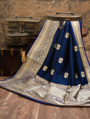 SHWENILA Solid/Plain Assam Silk Pure Silk Saree(Dark Blue)