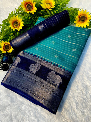 Anuradha Striped, Woven, Self Design Mysore Silk Blend Saree(Blue, Dark Blue)