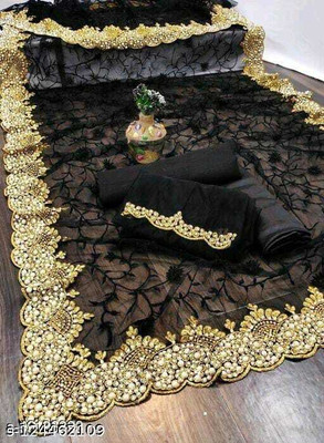 FINERFLY Embroidered Banarasi Net Saree(Black)