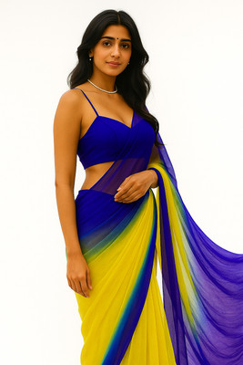 KOMAL NX Solid/Plain Bollywood Georgette Saree(Blue, Yellow)