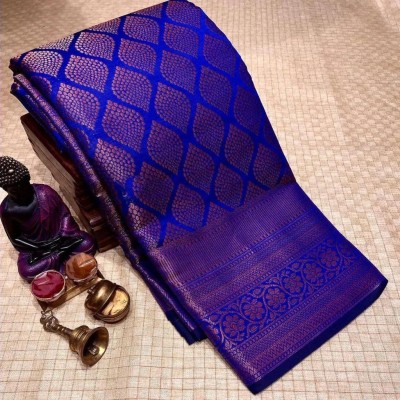 FEBMADNESS Printed Kanjivaram Cotton Blend, Pure Silk Saree(Blue)