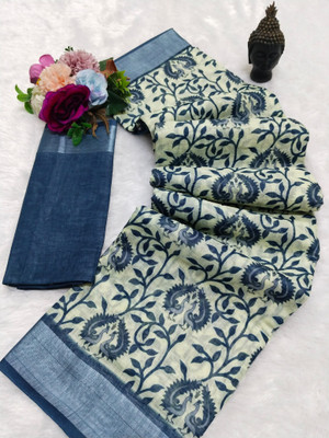 HangerStories Woven Kanjivaram Pure Cotton, Cotton Silk Saree(White, Blue)