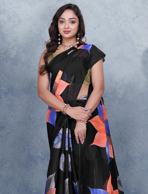 Gajal Printed Kanjivaram Pure Cotton, Cotton Linen Saree(Black)