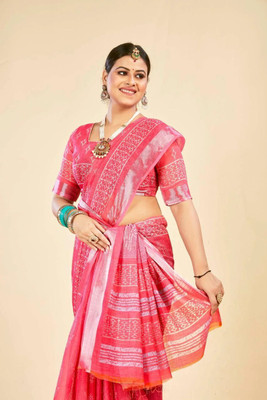 Rachna Printed Daily Wear Linen Saree(Pink)