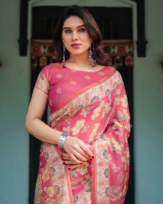 ALMAARI FASHION Hand Painted Bollywood Cotton Linen Saree(Pink)