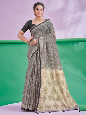 Tasrika Printed Hand Batik Cotton Linen Saree(Black)