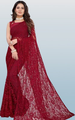 SwiftStyle Solid/Plain Bollywood Net Saree(Maroon)
