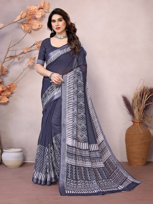 HITESH ENTERPRISE Floral Print Handloom Linen Saree(Dark Blue)