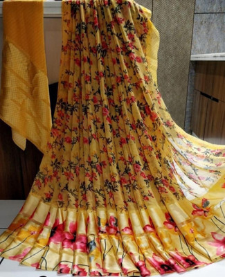 Bombey Velvat Fab Printed, Solid/Plain Arani Pattu Chiffon, Muslin Saree(Yellow)