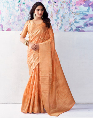 Samah Woven, Embellished, Self Design Banarasi Organza Saree(Orange, Gold)