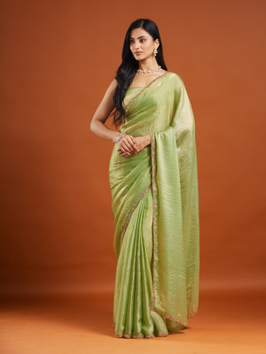 PRAJVESH Solid/Plain, Embellished Bollywood Chiffon Saree(Green)