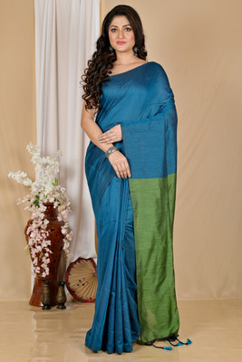 BRYNBRIT Woven Handloom Cotton Blend Saree(Blue)